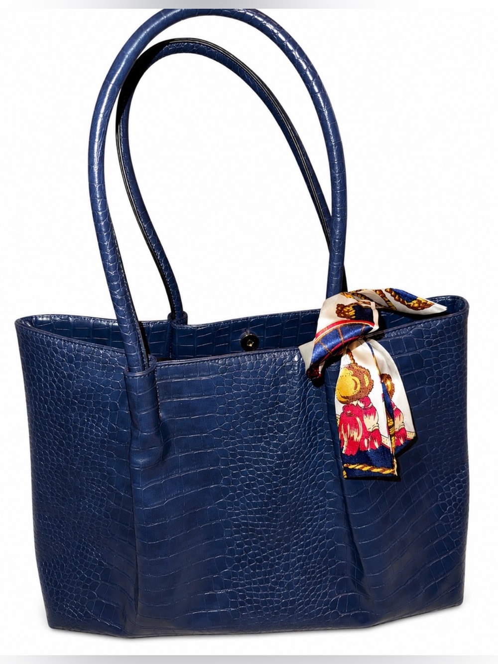 Structured Croc-Embossed Navy Tote with Scarf Accent